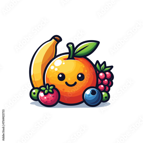 A charming cartoon illustration of various happy fruits including an orange with a smiling face, a banana, raspberries, blueberries, and a strawberry, all grouped together.