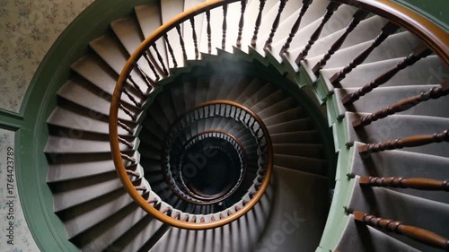 Looking down a classic carpeted spiral staircase with wooden handrails