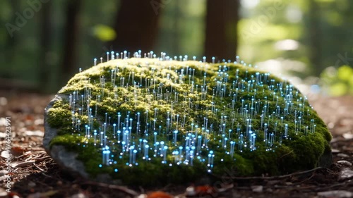 Moss-covered rock with glowing blue bioluminescent tendrils in forest