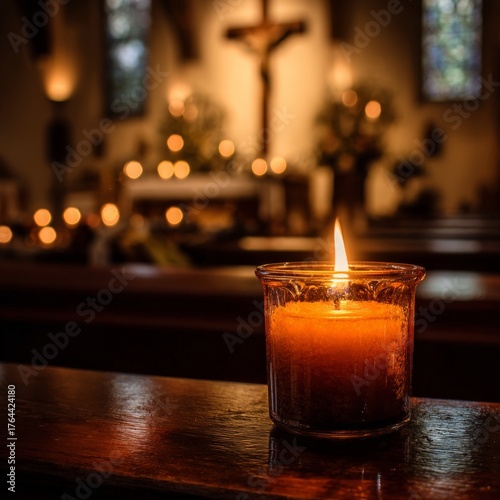 Candlelight illuminates a peaceful church interior during a quiet evening service for reflection and prayer