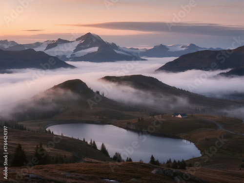 Mountain lake surrounded by misty peaks at sunrise