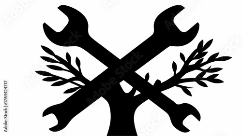 Innovative repair logo design combining tools and nature for eco friendly mechanical services solution