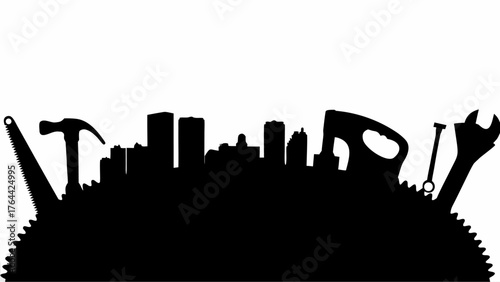 Modern city skyline silhouette crafted with construction tools, symbolizing urban development and industry growth.