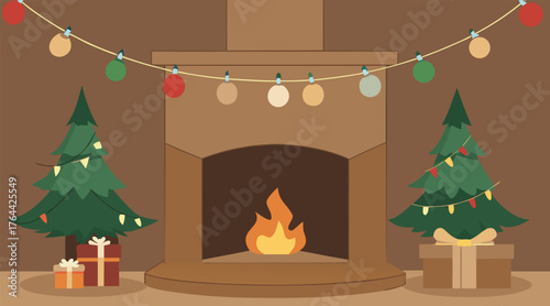 Cozy Christmas Fireplace with Decorated Trees and Gifts – Flat Vector Illustration