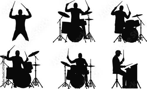 Silhouette drummer playing drums set in different poses, percussion musician performance concept, rock band energy, music rhythm artistic illustration, isolated vector