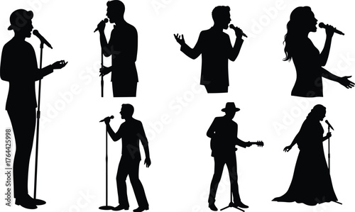 Silhouette singers performing with microphones on stage, male and female vocalists in concert, musician illustration, live music performance vector, artistic design