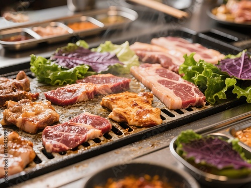 Assorted meats and vegetables grilling on a hot plate with steam rising