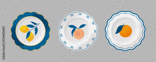 Cute Illustrated Plates in Mediterranean Style. Vector Illustration in Textured Style
