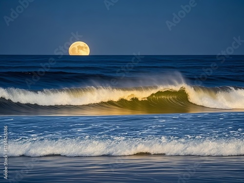 Full moon rising over ocean waves at night