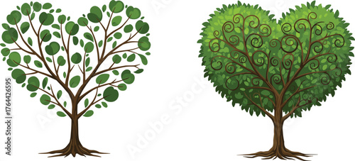 Heart-shaped trees illustration, romantic nature design, love tree art, green foliage, symbol of romance, eco love concept