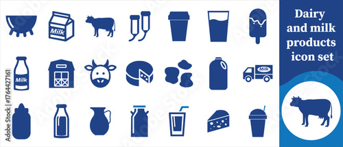 Dairy and milk products icon set, milk bottle, milk carton, cheese, butter, yogurt, cream, cow, goat milk, milk splash, milk glass, ice cream, dairy farm, milk truck, milk jug, milk bucket and more
