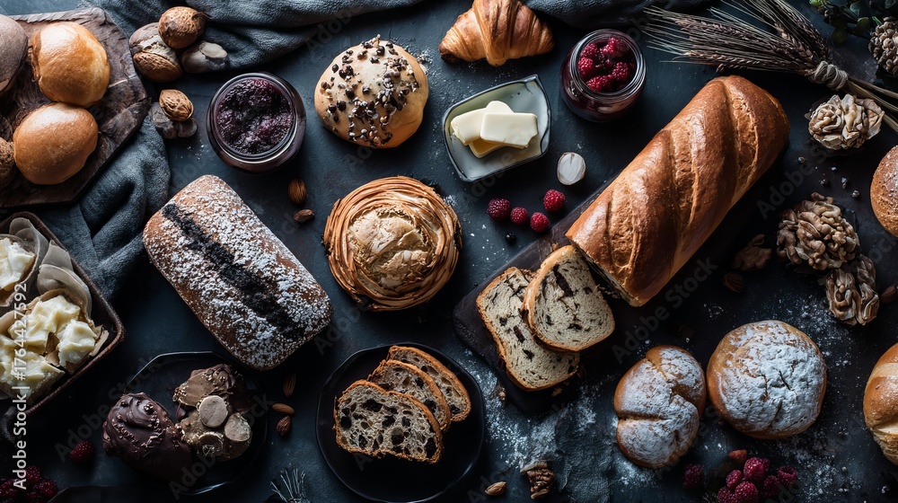Obraz premium Indulge in a delectable spread of fresh baked goods, artisanal breads, sweet pastries, and vibrant berries, perfect for culinary inspiration and gourmet themes.