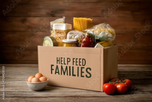 Cardboard donation box labeled help feed families filled with pasta, canned goods, eggs, and tomatoes, showcasing community support and nourishment for those in need