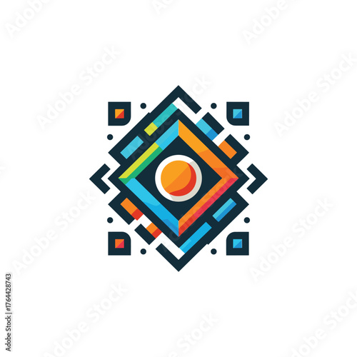 abstract geometric logo design featuring a central orange circle surrounded by colorful angular patterns.
