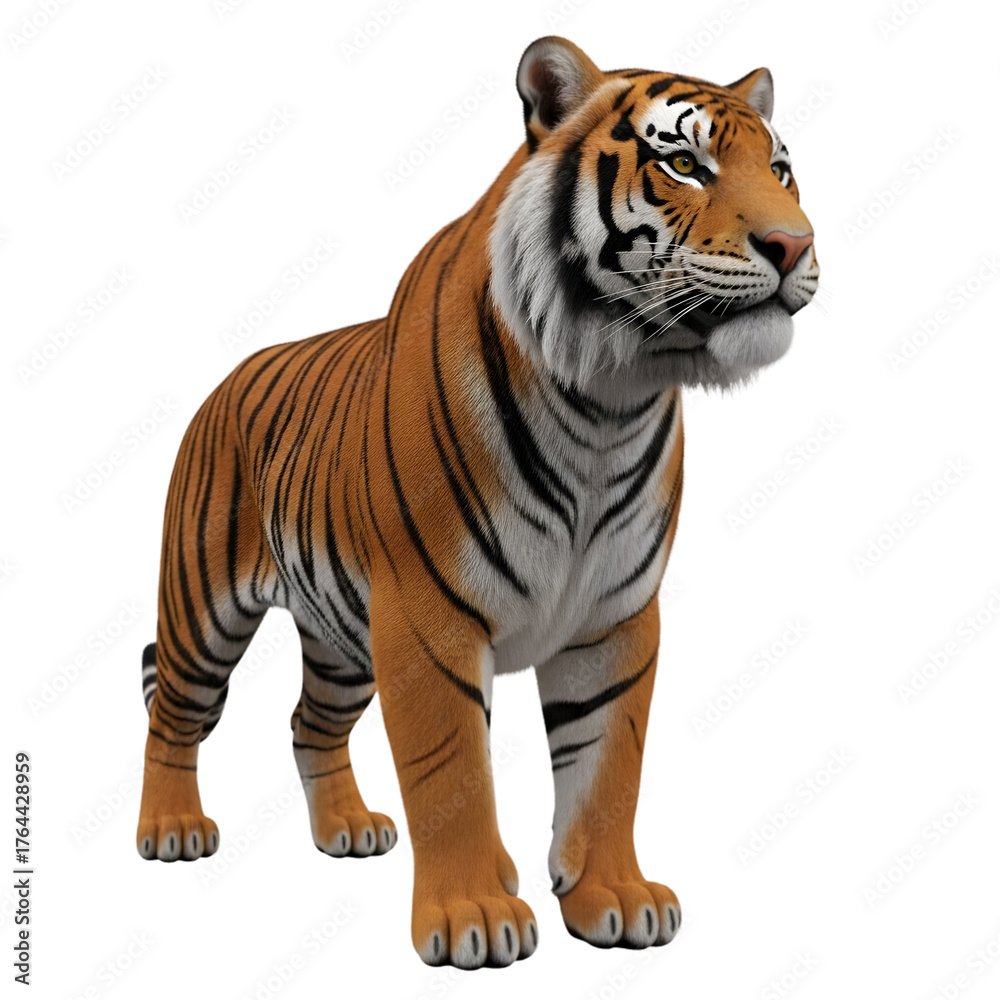 Naklejka premium Majestic Bengal Tiger Standing on Black Background, Detailed Wildlife Portrait