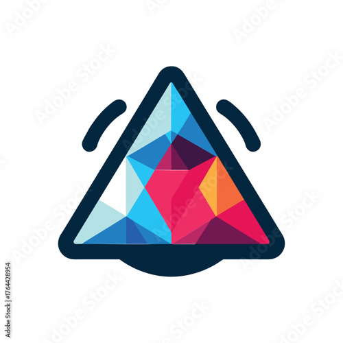 geometric triangle logo with rounded corners and curved lines above it.