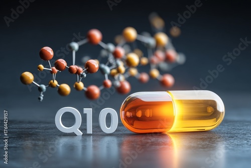 Molecular structure diagram of coenzyme Q10 with vibrant topaz capsule, showcasing scientific elements and health concepts in a visually engaging composition
