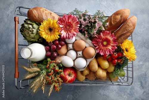 Top down view of a grocery cart filled with colorful fruits, vegetables, flowers, and bread, showcasing a vibrant selection of fresh produce and essentials for a healthy lifestyle