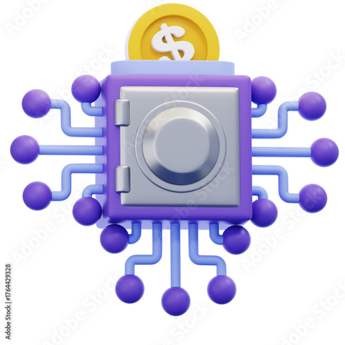 A 3D render of a secure digital vault with a dollar coin being deposited, representing fintech, online banking, and cryptocurrency security