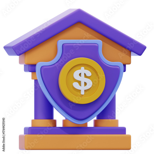 Secure and Reliable Financial Institution Building with a Protective Shield and Golden Dollar Coin Symbol, Representing Financial Stability and Wealth Management