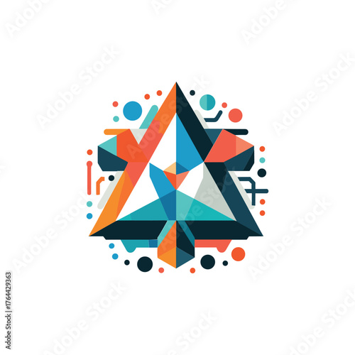 Abstract geometric triangle design with colorful facets and surrounding digital elements.