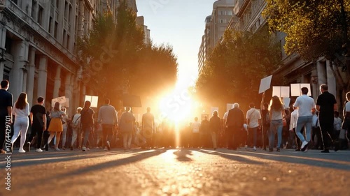 Golden Hour Gathering: A diverse group of people marches forward on a city street, bathed in the golden light of the setting sun, their silhouettes symbolizing unity and purpose.
