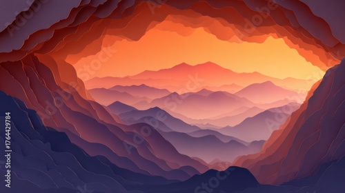 A stunning paper-cut style landscape featuring layered mountains at sunset, showcasing a gradient of warm hues.