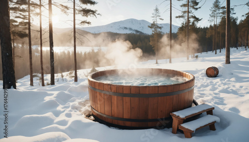 Bain nordique extérieur dans la neige au design scandinave naturel
