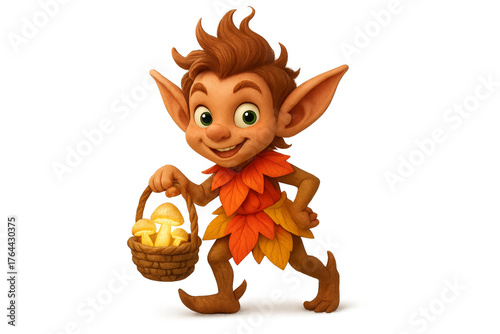 Autumn forest creature holding basket with mushrooms, playful 3D character on white or transparent background, seasonal fantasy design