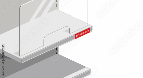 No touching sign on clear acrylic divider in retail display shelf  