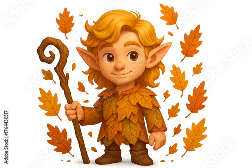 Autumn forest elf with leaf cloak and staff, surrounded by falling leaves, cute 3D character design on white or transparent background