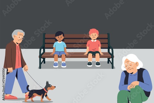 Grandparents with Kids in the Park, Family Scene with Elderly Couple and Children Relaxing on Bench, Outdoor Happiness and Generational Bond Vector