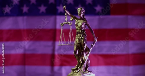  Lady Justice Bronze Statue with an American flag on the background