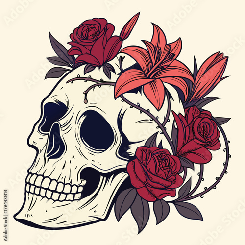 Skull with Roses and Lilies – Gothic Floral Halloween T-Shirt Design Vector