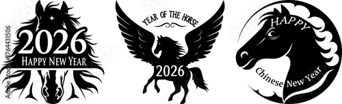 2026 Chinese New Year Horse Clipart Set, Elegant Black Silhouette Horse, Pegasus, and Zodiac Symbols for Lunar Celebration Design