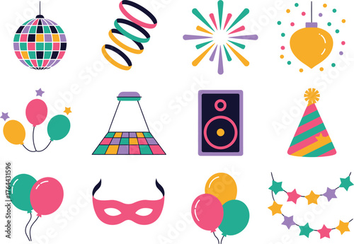 Party Celebration Icon Set — Balloons, Mask, Disco Ball, Hat, Streamers, Speaker Vector Design