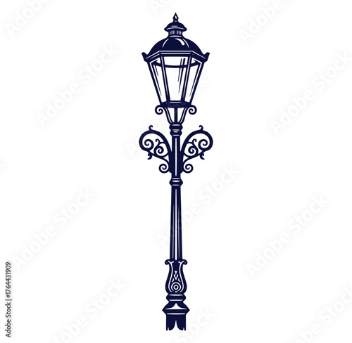 Elegant vintage streetlight vector illustration isolated on white background with decorative flourishes