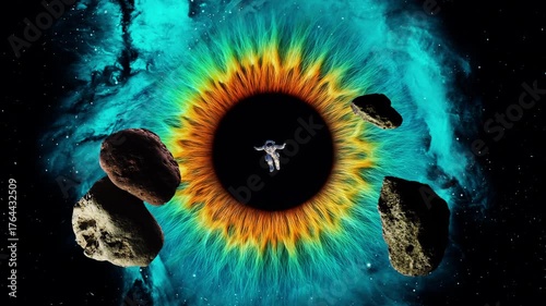 An astronaut is sucked into the center of a nebula shaped like a giant eye. A giant eye-shaped nebula with an astronaut falling into a black hole. 4K video animation.