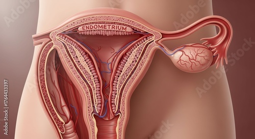 Detailed Medical Illustration of Female Reproductive System Showing Uterus and Ovaries