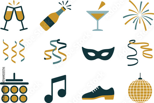 Party Celebration Icon Set — Champagne, Fireworks, Mask, Disco Ball, Music, Streamers, Festive Vector Design