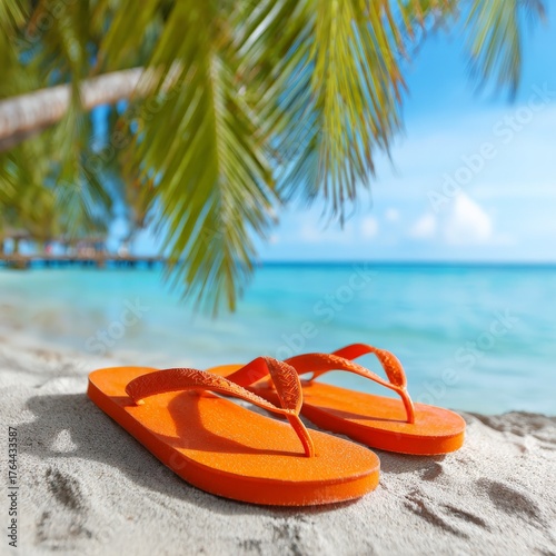 Bright orange flip flops resting on sandy beach with turquoise water and palm trees under sunny sky