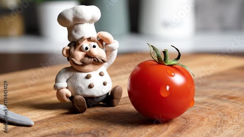 Tiny plasticine chef struggling to cut a giant cherry tomato with a small plastic knife