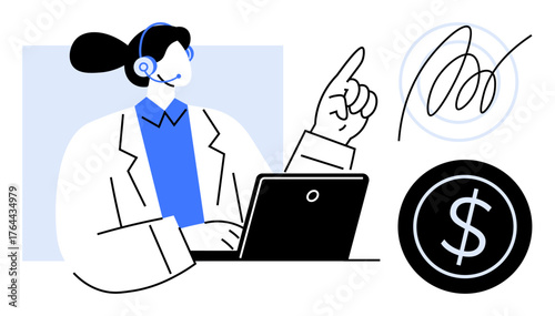Professional woman wearing a headset, interacting with a laptop, raised hand gesture, signature icon, and dollar sign. Ideal for customer support, sales, finance, e-commerce communication teamwork