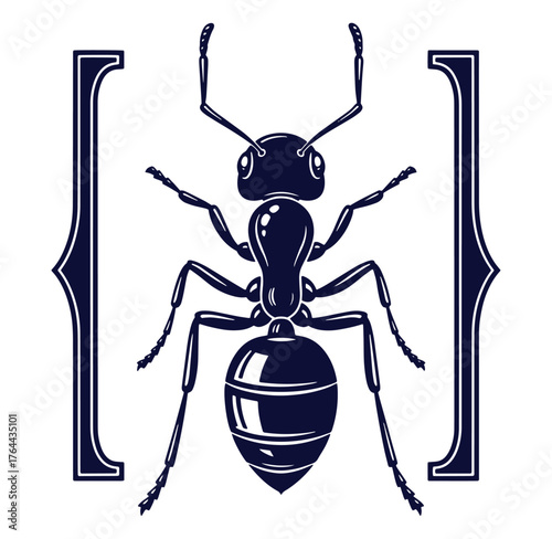 Silhouette illustration of an ant framed by brackets on a white background design