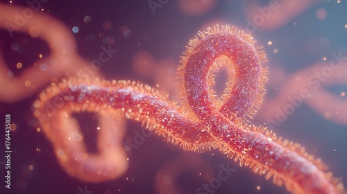 Photorealistic 3D illustration of Ebola viruses showing long filamentous viral particles with characteristic curved thread-like shapes, detailed scientific visualization, generative ai illustration.