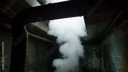 Steam escapes from pipe in basement. Industrial steam release, heating system leak, pressure discharge, ventilation system, urban infrastructure, steam-related energy loss, maintenance zone