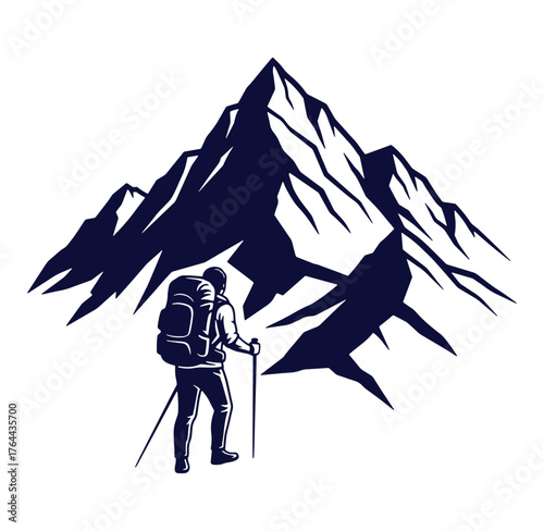 Silhouette of a hiker with backpack and trekking poles standing before a mountain range.