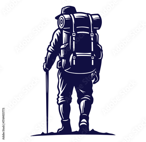 Silhouette of a hiker trekking with backpack and walking stick adventure concept