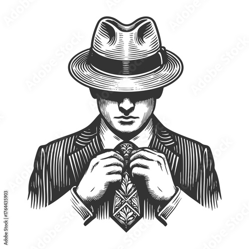 young man in pinstripe suit adjusting his tie, classic 1920s gangster or mobster sketch engraving generative ai fictional character vector illustration. Scratch board imitation. Black and white image.