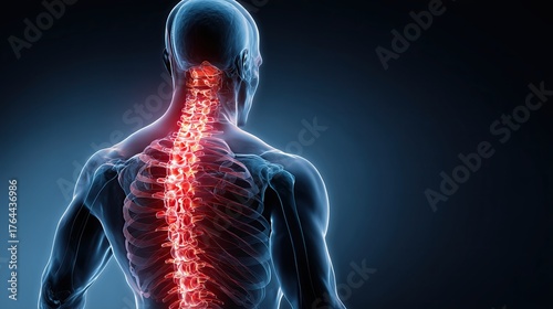 3D medical illustration of a male body with the spine skeleton highlighted, showing detailed vertebral structure and alignment, educational anatomical concept, generative ai illustration.